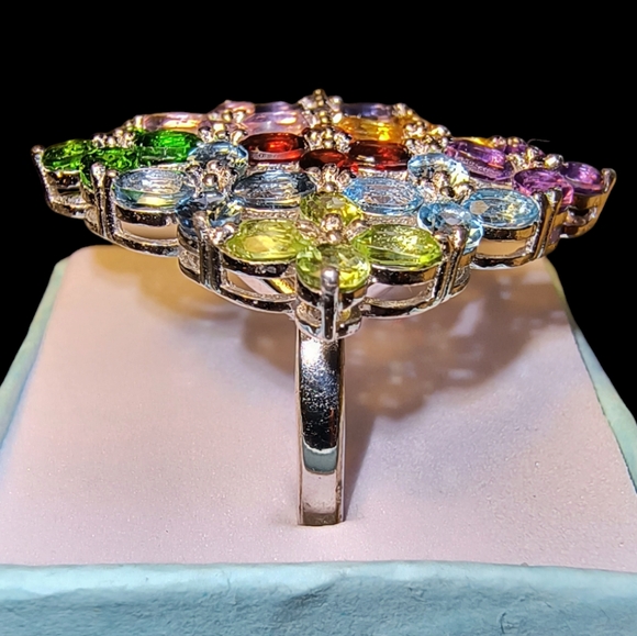 Multi Gemstone & Sterling Silver Large Cocktail Ring Size 8 - Picture 6 of 14